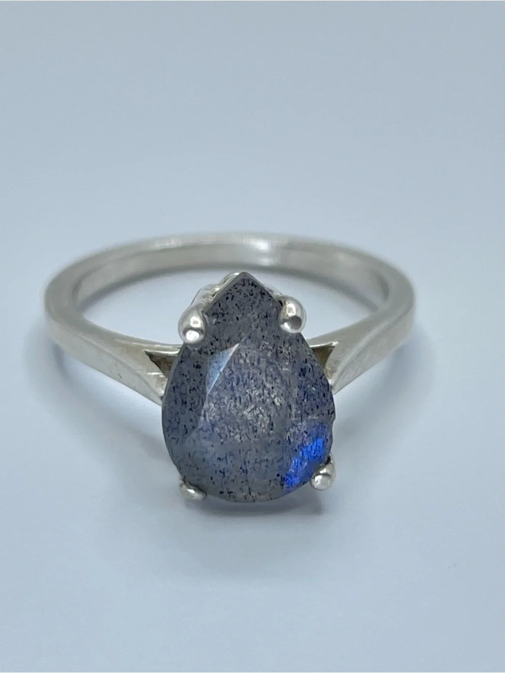 925 Sterling Silver Labradorite Tear Drop Ring Blue Flash Solitaire Sz 4.5